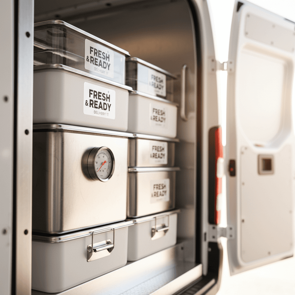 Insulated food containers inside climate-controlled delivery van