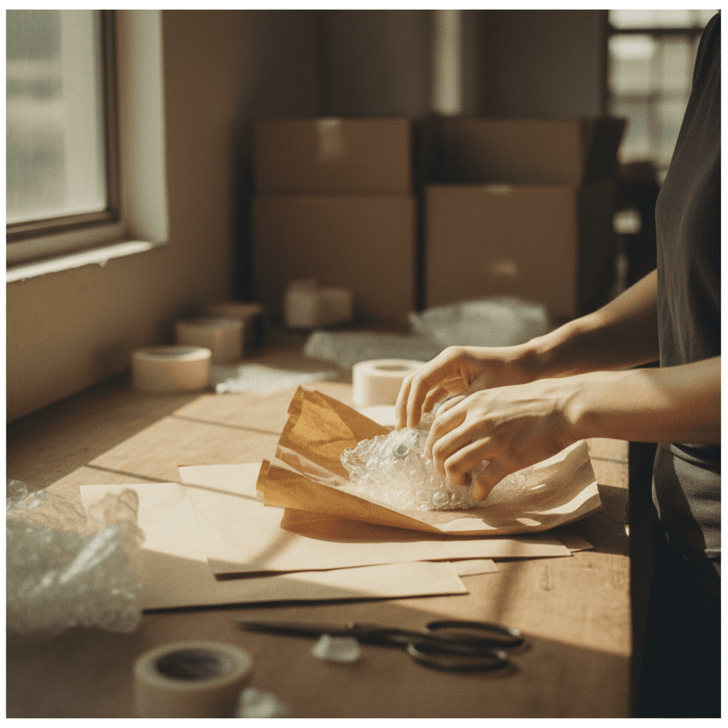 Careful wrapping of delicate items for safe transport