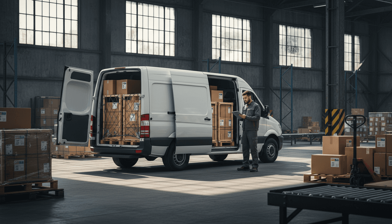 J4 Transit cargo van with driver checking freight for delivery