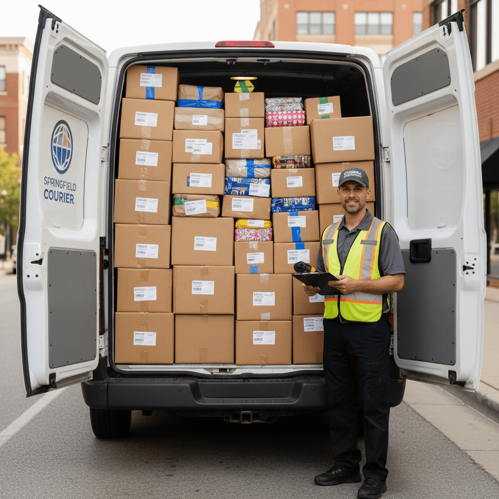 Driver with loaded cargo van ready for route