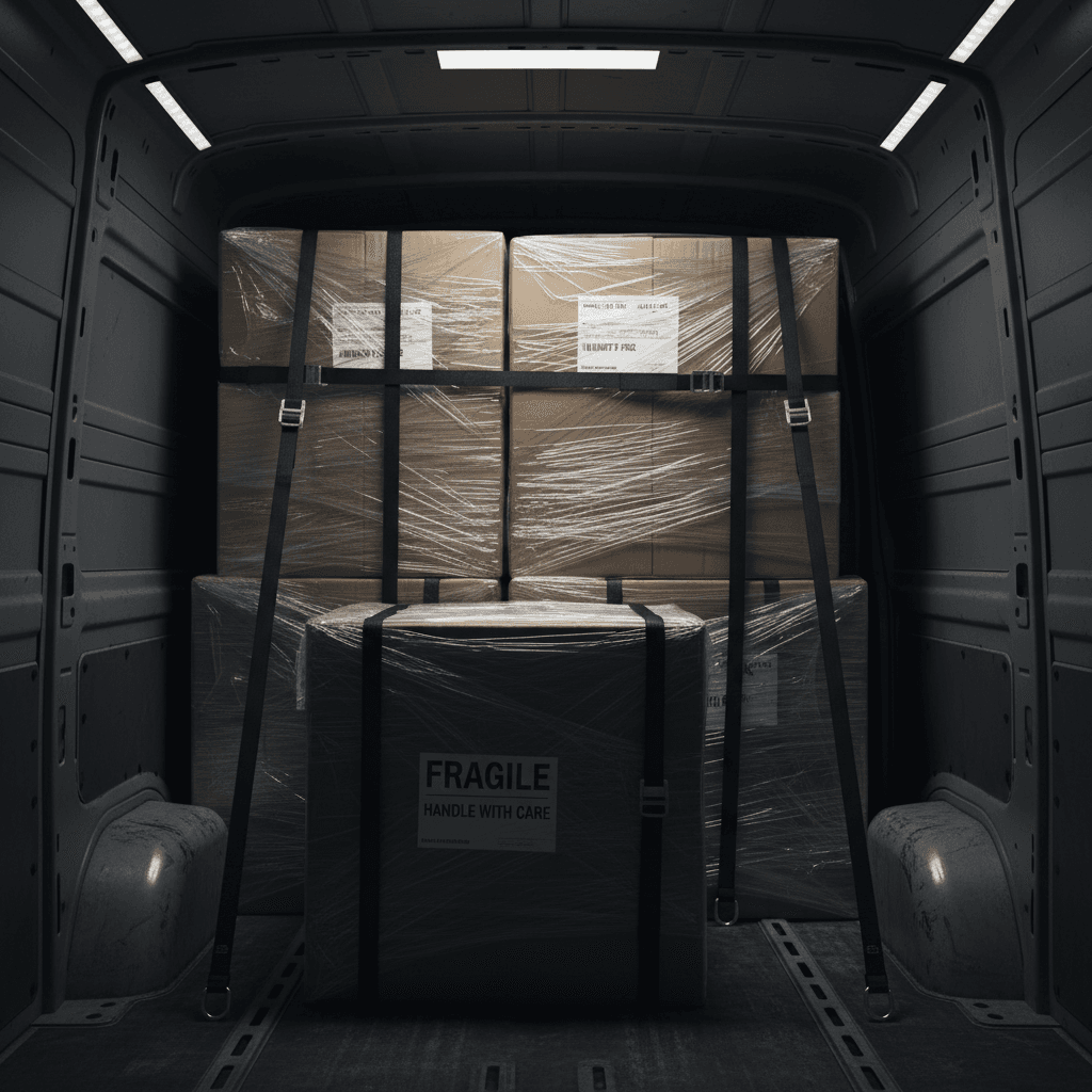 Freight delivery with cargo van loaded and secured