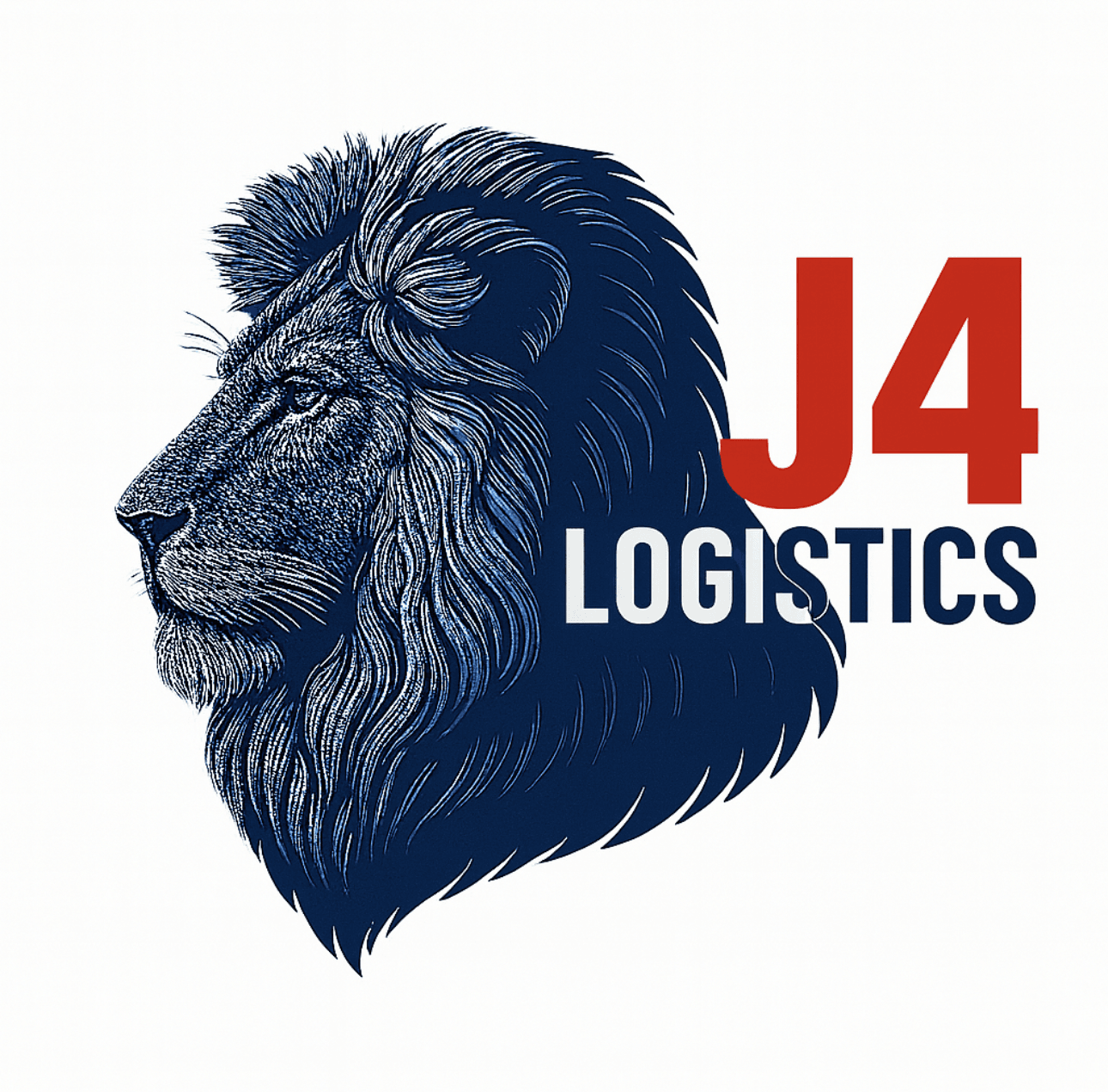 Detailed blue lion head profile beside red J4 and white and blue LOGISTICS text.