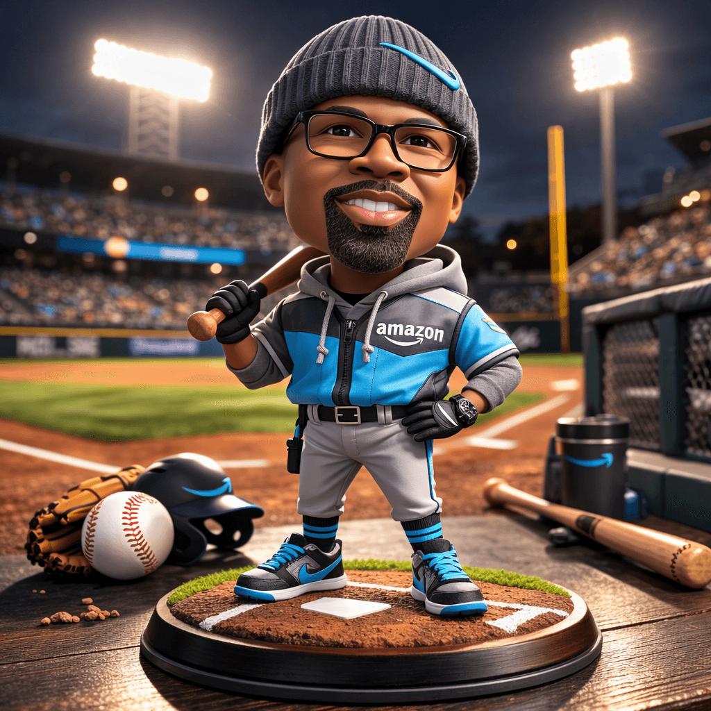 Stylized bobblehead of a man in an Amazon baseball uniform at a night stadium.